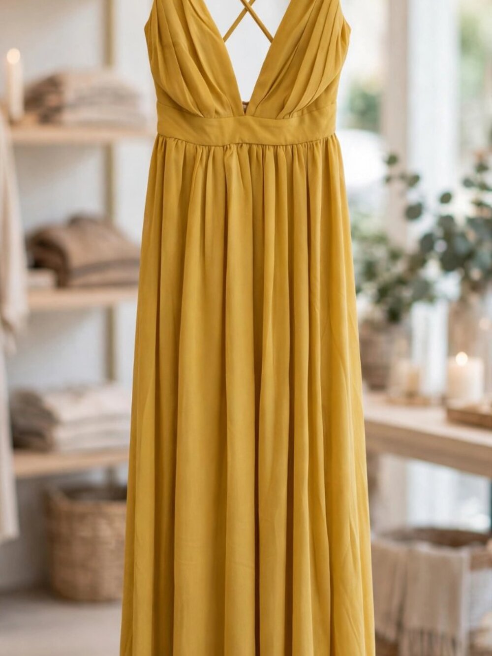 Ontheland Mustard Maxi Dress Spaghetti Strap V-Neck Cross Back NWT L
